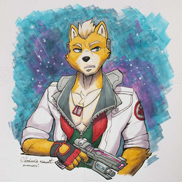anthro black_nose chest_tuft clothed clothing cosmic_background dog_tags fingerless_gloves fur gloves green_eyes gun handgun handwear holding_gun holding_handgun holding_object holding_pistol holding_ranged_weapon holding_weapon humanoid_hands jacket male muscular muscular_anthro muscular_male open_clothing open_jacket open_topwear pecs pistol ranged_weapon solo tan_body tan_fur topwear tuft weapon yellow_body yellow_fur grimsvault nintendo star_fox fox_mccloud canid canine fox mammal 1:1 2026 english_description marker_(artwork) painting_(artwork) pen_(artwork) traditional_media_(artwork) traditional_painting_(artwork)