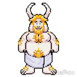 anthro beard belly big_belly blonde_hair body_hair chest_hair clothing eyebrows facial_hair fur genitals hair horn looking_at_viewer male nipples nude overweight overweight_male penis raised_eyebrows removing_towel smile solo towel undressing white_body white_fur joalmidon undertale undertale_(series) asgore_dreemurr boss_monster_(undertale) bovid caprine goat mammal 1:1 animated digital_media_(artwork) pixel_(artwork) pixel_animation short_playtime