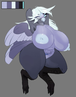 anthro back_wings beak big_breasts black_legs blue_body blue_eyes blue_feathers blue_hair breasts color_swatch crotch_tuft feathers female grey_body grey_feathers hair hands_behind_head huge_breasts huge_hips huge_thighs navel nipples non-mammal_breasts non-mammal_navel non-mammal_nipples overweight overweight_anthro overweight_female scuted_legs scutes slightly_chubby slightly_chubby_female solo tail tail_feathers thick_thighs tuft wide_hips wings hagalazd koran_(nickzilla) avian bird hi_res