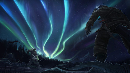 ambiguous_gender anthro aura blue_body blue_scales clothed clothing dagger detailed_background duo eye_contact fingers looking_at_another melee_weapon night outside scales sky standing star starry_sky tail weapon yellow_eyes themefinland bethesda_game_studios microsoft mythology skyrim the_elder_scrolls argonian dragon mythological_creature mythological_scalie scalie 16:9 absurd_res detailed hi_res widescreen