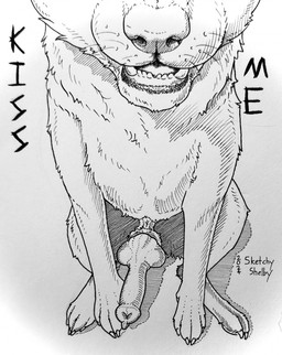 animal_genitalia animal_penis canine_genitalia canine_penis erection fangs feral front_view genitals knot knotted_penis male male_feral open_mouth penis retracted_sheath sheath simple_background solo teeth whiskers sketchy_shelby canid canine mammal hi_res monochrome sketch traditional_media_(artwork)