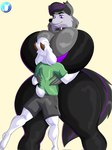 anthro big_breasts black_hair bottomwear bovid breasts canid canine canis caprine clothing collar duo face_in_breasts female goat grey_body hair hi_res horn huge_breasts larger_female male male/female mammal purple_eyes shirt shorts size_difference smaller_male tail topwear vanillabeangoat white_body white_hair wolf