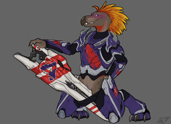 3_fingers 3_toes ambiguous_gender animal_genitalia anthro armor beak bedroom_eyes bodily_fluids brown_body clothing digitigrade_footwear feathers feet fingers flat_chested footwear furgonomic_footwear furgonomics genital_fluids genital_slit genitals gun hand_on_hip head_crest kneeling looking_at_viewer monotone_background narrowed_eyes object_between_thighs orange_body orange_feather_hair orange_feathers pose pseudo_hair purple_armor ranged_weapon rifle rubbing_vulva seductive simple_background slit_play smile smiling_at_viewer smirk smirking_at_viewer solo toes toned_body weapon white_weapon benji_(artist) halo_(series) microsoft xbox_game_studios fan_character nav_(benji) alien kig-yar scalie 2026 digital_drawing_(artwork) digital_media_(artwork) hi_res shaded signature simple_shading