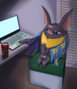 anthro balls beverage beverage_can bodily_fluids clothing computer electronics erection furniture genital_fluids genitals hand_on_penis humanoid_genitalia humanoid_penis laptop male masturbation narrowed_eyes nude one_eye_closed penile penile_masturbation penis precum precum_on_penis sitting solo sweat sweatdrop jackofak asian_mythology east_asian_mythology japanese_mythology level-5 mythology yo-kai_watch hidabat bat mammal yokai digital_media_(artwork) hi_res