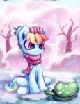 duo feathered_wings feathers female feral hair hooves male multicolored_hair outside plant rainbow_hair scarf smile snow tree wings inowiseei friendship_is_magic hasbro my_little_pony mythology rainbow_dash_(mlp) tank_(mlp) equid equine mammal mythological_creature mythological_equine pegasus reptile scalie tortoise turtle 2016 absurd_res hi_res