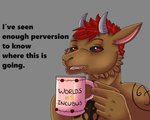 anthro arm_tattoo coffee_mug container cup flower fur glowing glowing_eyes hair holding_container holding_cup holding_object horn humor looking_at_viewer male nude plant red_eyes red_hair rose_(flower) simple_background solo tattoo text fizzlepaw fode_the_incubus bovid caprine demon mammal 5:4 english_text meme