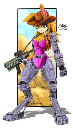 anthro belt big_breasts blonde_hair breasts cast_shadow cheek_tuft clothing cotton_tail cowboy_hat cybernetic_arm cybernetic_leg cybernetic_limb cybernetics digitigrade eyeshadow facial_tuft female futuristic_gun gloves green_eyes hair handwear hat head_tuft headgear headwear jacket led_light leotard long_hair looking_at_viewer machine makeup pink_nose purple_eyeshadow ranged_weapon simple_background solo topwear tuft weapon fahad-naeem archie_comics sega sonic_the_hedgehog_(archie) sonic_the_hedgehog_(comics) sonic_the_hedgehog_(series) bunnie_rabbot cyborg lagomorph leporid mammal rabbit 9:16 hi_res