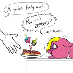 abuse ambiguous_gender ambiguous_human animal_abuse blonde_hair blood blue_eyes blue_hair bodily_fluids bound character_prepared_as_food corpse cruelty crying dialogue feral food fur furniture gore green_body green_fur guts hair intestines lying on_front organs pasta pink_body pink_fur plate severed_body_part severed_head side_view spaghetti suffering surgical_suture table tears teeth text torture what yellow_eyes young young_ambiguous young_feral yellowcottoncandy030 fluffy_pony fluffy_pony_(species) human mammal 1:1 2025 broken_english digital_media_(artwork) english_text hi_res