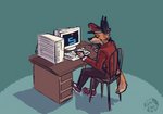 anthro black_ears black_nose bottomwear chair clothed clothing computer computer_keyboard computer_monitor computer_mouse desk dipstick_tail electronics footwear furniture gaming hand_on_object hat headgear headwear male markings multicolored_tail on_chair orange_sclera pants red_clothing red_topwear shoes simple_background sitting sitting_on_chair solo table tail tail_markings topwear balkanfur canid canine canis jackal mammal 2020 digital_media_(artwork)