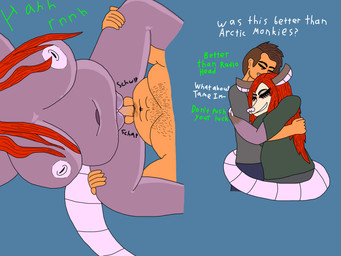 anthro anthro_penetrated bodily_fluids comedic duo female genital_fluids genitals gesture green_eyes hair holding_both_legs hug human_on_anthro human_penetrating human_penetrating_anthro interspecies love_handles male male/female nude penetration penile penile_penetration penis_in_vagina purple_body red_hair sex slightly_chubby slightly_chubby_anthro slightly_chubby_female sound_effects sucking tail tail_around_partner tail_coil tail_gesture tail_hug tail_hugging_partner tail_wrapped_around text thick_thighs vaginal vaginal_penetration vulva wide_hips vocula cip sinead_(vocula) american_opossum human mammal marsupial 4:3 absurd_res english_text hi_res