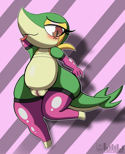 anthro clitoris clothing female genitals green_body latex legwear solo tail thigh_highs tongue tongue_out vulva wide_hips teknomekanoid nintendo pokemon generation_5_pokemon pokemon_(species) snivy hi_res