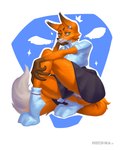 anthro blue_background bottomwear brown_body brown_fur clitoris clothing crouching ear_piercing ear_ring female footwear fur genitals green_eyes orange_body orange_fur piercing ring_piercing shirt simple_background skirt socks solo tail topwear vulva white_background nooshka canid canine fox mammal 4:5 hi_res