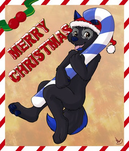 anthro biped black_body black_fur fur holidays joyful solo nemesis-x christmas miigarou canid canine canis mammal wolf 2015 black_and_blue low_res