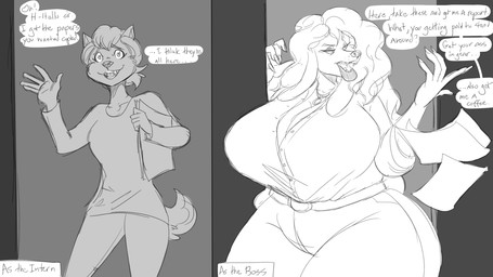 aged_up anthro big_breasts biped bottomwear breast_expansion breasts cleavage clothed clothed_anthro clothed_female clothing collared_shirt corruption curvy_figure dialogue dress_shirt expansion eyelashes female fingernails fingers fully_clothed fully_clothed_anthro fully_clothed_female hair hip_expansion huge_breasts lip_expansion lips long_fingernails mature_female nails pants paper pupils shirt smile speech_bubble text thick_bottom_lip thick_lips thick_thighs thigh_expansion tired_eyes topwear white_bottomwear white_clothing white_pants volkenfox canid canine canis domestic_dog mammal digital_media_(artwork) english_text hi_res