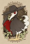 ambiguous_gender animal_mask beak beak_mask black_body black_feathers clothing detailed_background feathers feet feral hat headgear headwear mask plague_doctor red_eyes solo talons toes motoiwork palworld pocketpair avian bird cawgnito pal_(species) hi_res