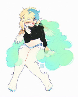 anthro blonde_hair blue_bottomwear blue_clothing blue_eyes blue_hair blue_hotpants blue_shorts bottomwear bridge_piercing closed_smile clothed clothing drugs ear_piercing ear_ring ear_stud eyelashes facial_piercing fangs feathered_wings feathers femboy fur green_smoke hair hotpants joint looking_at_viewer male male_anthro marijuana mouth_closed multicolored_hair nose_piercing one_eye_closed piercing ring_piercing shorts simple_background sitting smile smoke smoking smoking_marijuana solo teeth two_tone_hair white_background white_body white_fur white_wings wings sonyan canid canine mammal hi_res