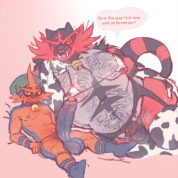 age_difference animal_print anthro balls barazoku beanie belly big_penis blush body_hair clothed clothing cow_print crossdressing duo erection flustered footwear foreskin genitals hat headgear headwear huge_penis lingerie lying male male/male muscular nipple_piercing nipples on_back on_side overweight overweight_anthro overweight_male pecs penis piercing size_difference slightly_chubby socks speech_bubble tail text vein veiny_penis shibuyatank nintendo pokemon felid feline generation_7_pokemon incineroar mammal pokemon_(species) torracat 1:1 english_text hi_res