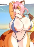 anthro areola big_breasts bikini blep breasts clothing female huge_breasts one-piece_swimsuit pink_body sling_bikini solo swimwear thick_thighs tongue tongue_out two-piece_swimsuit saasmimz domestic_cat felid feline felis mammal absurd_res hi_res