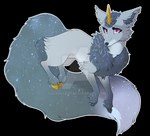 ambiguous_gender big_tail blue_body blue_fur blue_inner_ear_fluff blue_tail cheek_tuft deviantart_logo facial_tuft feral fur glistening glistening_eyes horn inner_ear_fluff mouth_closed pink_eyes side_view solo tail tuft white_body white_fur yellow_horn milk-jug deviantart canid canine mammal alpha_channel watermark