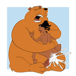 anthro balls belly bodily_fluids brown_body brown_fur cum dark_body dark_skin duo ejaculation excessive_cum excessive_genital_fluids female fur genital_fluids genitals human_on_anthro interspecies male male/female penetration penis sex bob-jiggles the_cleveland_show donna_tubbs-brown tim_the_bear bear brown_bear grizzly_bear human mammal ursine hi_res