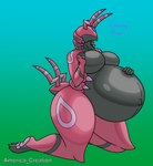 anthro belly big_belly big_breasts blush breasts crystal drone eyeless female glistening glistening_body hand_on_belly latex latex_body latex_skin multicolored_body navel pregnant pregnant_anthro pregnant_female simple_background small_tail solo tail text thick_thighs arceus_tummy nintendo pokemon fan_character generation_5_pokemon living_latex pokemon_(species) scolipede hi_res