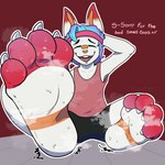 anthro big_feet bodily_fluids bottomwear clothed clothing embarrassed extreme_size_difference feet foot_fetish foot_focus macro macro_focus male musk shirt shorts size_difference solo steamy_feet sweat sweaty_feet tank_top text topwear sodatusk nintendo pokemon sunny_flowers generation_8_pokemon pokemon_(species) scorbunny 1:1 english_text hi_res