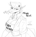 anthro big_breasts breasts clothed clothing female jacket leather leather_clothing leather_jacket leather_topwear non-mammal_breasts pompadour smoking solo spikes text text_on_clothing topwear dpronin oingo_boingo meryl_(dpronin) fish marine shark monochrome sketch