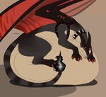 ambiguous_gender belly big_belly black_body black_collar black_harness black_horn collar eyes_closed feral harness horn huge_belly lying membrane_(anatomy) membranous_wings mouth_closed on_front red_wings simple_background solo tan_body vore wings roobin mythology dragon mythological_creature mythological_scalie scalie artist_name