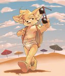 anthro backpack beach beach_umbrella clothed clothing cloud cute_fangs day diaper eyewear footwear inner_ear_fluff male male_anthro navel no_socks parasol sand shoes solo standing summer sunglasses topless topless_anthro topless_male tuft walking young young_anthro young_male harmarist baby_shark_(character) mek_(harmarist) canid canine canis domestic_dog herding_dog mammal pastoral_dog welsh_corgi