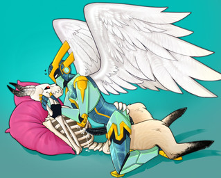 anal anal_penetration anthro black_penis blue_background blue_body bodily_fluids brown_body brown_fur cum cum_while_penetrated duo feathered_wings feathers fur genital_fluids genitals heart_symbol holding_butt hooves horn looking_at_another machine male male/male penetration penile penile_penetration penis penis_in_ass pillow red_eyes sex simple_background wings conop-8888 conop angel bovid caprine caprine_demon demon goat_demon humanoid mammal robot robot_humanoid 2019