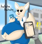 anthro belly big_belly business_suit cellphone city city_background cityscape clothing duo electronics female fur gesture hand_gesture laugh low-angle_view navel offscreen_character outie_navel phone pregnant selfie suit tan_body tan_fur teasing tight_clothing v_sign vocalization window undyingwolf aggretsuko sanrio fenneko canid canine fennec_fox fox mammal true_fox 2022 absurd_res hi_res