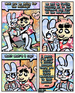 4_panel_comic aloha_shirt anthro bottomwear bow_tie cheek_spots cheek_tuft clothing cuddling dialogue duo facial_tuft flip_flops floppy_ears footwear fur male on_lap overalls pattern_clothing pattern_shirt pattern_topwear sandals shirt shoes shorts sitting_on_lap smile speech_bubble teeth text tooth_gap topwear tuft white_body white_fur wide_eyed yellow_body yellow_fur rawdawgcomics bingus_(rawdawgcomics) stahli_(rawdawgcomics) bird_dog canid canine canis domestic_dog golden_retriever hunting_dog lagomorph leporid mammal rabbit retriever 4:5 comic english_text hi_res