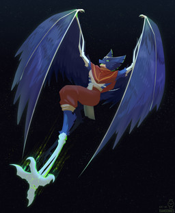 anthro bone clothed clothing drop_kick feathered_wings feathers female flying green_eyes night skeletal sky solo star starry_sky talon_hands winged_arms wings ramoonies microsoft minecraft mojang xbox_game_studios aruna_the_phantom phantom_(minecraft) undead hi_res