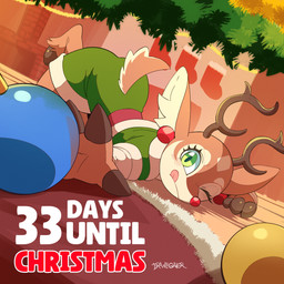 anthro brown_body brown_fur christmas_bauble christmas_decorations christmas_ornament clothing eyelashes female fur green_eyes inner_ear_fluff one_eye_closed ornament solo tan_body tan_fur text tongue tongue_out tuft drawligator renata_(drawligator) deer mammal new_world_deer reindeer 1:1 2025 english_text hi_res