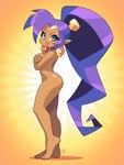 abstract_background accessory blue_eyes blush blush_lines breasts brown_body brown_skin butt covering covering_breasts crown ear_piercing ear_ring eyelashes feet female hair hair_accessory hair_tie headgear hoop_ear_ring humanoid_pointy_ears long_hair long_ponytail looking_at_viewer not_furry nude open_mouth open_smile piercing pointy_ears ponytail pose purple_hair ring_piercing simple_background smile solo tiara tied_hair toes louistrations shantae_(series) wayforward shantae genie humanoid 2025 3:4 hi_res signature