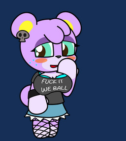 anthro bottomwear bracelet clothing covering covering_mouth denim denim_bottomwear denim_clothing denim_skirt ear_piercing ear_ring female fishnet_stockings jewelry looking_aside piercing profanity ring_piercing shirt skirt skull_earring smile solo t-shirt text topwear lunamann animal_crossing nintendo megan_(animal_crossing) bear mammal alpha_channel english_text hi_res