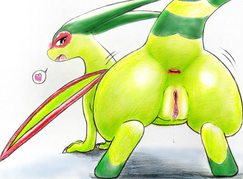 3_fingers all_fours anus big_butt black_eyes blush bodily_fluids butt claws clitoral_hood clitoris digitigrade dripping featureless_feet feet female feral fingers genital_fluids genitals green_body green_fingers green_hands green_wings heart_speech_bubble heart_symbol horn long_horn looking_at_viewer looking_back looking_back_at_viewer markings multicolored_body natural_eyewear open_mouth pink_vulva presenting presenting_anus presenting_hindquarters presenting_vulva raised_tail red_wings seductive shadow simple_background solo speech_bubble striped_markings striped_tail stripes tail tail_markings thick_thighs two_tone_body two_tone_legs two_tone_tail two_tone_wings vaginal_fluid_drip vaginal_fluids vulva white_background wiggle_lines wiggling_hips wings eiroru nintendo pokemon flygon generation_3_pokemon pokemon_(species) 2026 absurd_res colored_pencil_(artwork) hi_res shaded smaller_version_at_source traditional_media_(artwork)