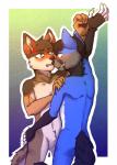 anthro black_body black_fur black_hair black_tail blue_body blue_fur bound dominant dominant_male duo fur hair male male/male smile tail yellow_eyes mr_kotch vicente_(romeodog) canid canine canis mammal wolf 2019 digital_media_(artwork) hi_res