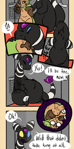 anthro belly black_body black_fur black_sclera blue_nose brown_body brown_fur dialogue digestion duo elevator exclamation_point fatal_vore feral fur gulp_(sound_effect) heterochromia male multicolored_tail onomatopoeia oral_vore shaking sound_effects speech_bubble tail text vore eclairscollection nintendo pokemon hymin_(hybrid-mind) rift_(thelawlrift) ampharos chespin generation_2_pokemon generation_6_pokemon mammal pokemon_(species) absurd_res comic digital_media_(artwork) english_text hi_res long_image sequence signature tall_image