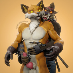 animal_genitalia animal_penis anthro balls canine_genitalia canine_penis clothed clothing duo fangs fur genitals glowing glowing_eyes grabbing_from_behind handjob handjob_from_behind knot male male/male penile penis sex sheath teeth weapon s1nnerfox epic_games fortnite mythology dire_(fortnite) fennix_(fortnite) canid canine canis fox mammal mythological_canine mythological_creature red_fox true_fox werecanid werecanine werecreature werewolf wolf 1:1 3d_(artwork) digital_media_(artwork) hi_res