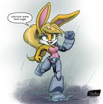 anthro blonde_hair breasts cleavage clothed clothing cybernetic_arm cybernetic_leg cybernetic_limb cybernetics eyeshadow female fur green_eyes hair machine makeup pink_nose purple_eyeshadow raining solo text yellow_body yellow_fur shieltar archie_comics sega sonic_the_hedgehog_(archie) sonic_the_hedgehog_(comics) sonic_the_hedgehog_(series) bunnie_rabbot cyborg lagomorph leporid mammal rabbit 2024 english_text hi_res