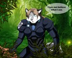 anthro armor blue_eyes breasts brown_hair female fur grey_body grey_fur hair multicolored_body multicolored_fur open_mouth plant solo space_armor speech_bubble text tree two_tone_body two_tone_fur white_body white_fur xxsparcoxx sophia_(xxsparcoxx) canid canine canis mammal wolf 2014 digital_media_(artwork) english_text