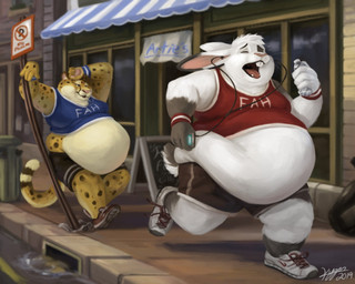 4_fingers anthro bottomwear buckteeth clothing detailed_background duo electronics exercise exercise_clothing fingers fur fur_markings headphones male male/male markings moobs obese open_mouth overweight paws scut_tail short_tail shorts street_sign tail teeth tired tongue tongue_out kygen chad_(plokishmok3) toby_(plokishmok3) cheetah felid feline lagomorph leporid mammal rabbit 2019 5:4 signature