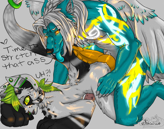 anthro big_penis bioluminescence blue_body blue_fur blue_tongue butt dialogue duo ear_piercing erection exclamation_point facial_piercing feathered_wings feathers flesh_tunnel fur furgonomic_piercing furgonomics gauged_ear genitals glowing glowing_markings green_hair grey_background grey_body grey_fur hair heart_symbol horn hot_dogging industrial_piercing interrobang male male/male markings muzzle_piercing nose_piercing nose_ring orange_penis penile_spines penis piercing question_mark ring ring_piercing septum_piercing sex simple_background spots stripes tattoo text tongue tongue_out wings shiarah ekarys_windkraus spork_(shiarah) canid canine canis chizelle mammal wolf 2015 digital_media_(artwork) english_text hi_res