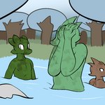 1:1 2014 anthro bathing bathing_together brown_body brown_skin clothed clothing digital_media_(artwork) dirty fen_(lagotrope) grass green_body green_skin group horn kobold lagotrope lizard male outline outside plant pond pupils reptile scalie slit_pupils standing story story_at_source story_in_description tgchan topless tree trio water