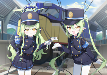 backpack bent_over blue_bottomwear blue_clothing blue_hat blue_headwear blue_shirt blue_shorts blue_skirt blue_topwear blush bottomwear clothing cute_fangs ear_piercing ear_ring fangs female gloves green_hair hair hair_between_eyes halo hand_on_hip hand_on_own_hip handwear hat headgear headwear heart_tail legwear long_hair open_mouth pantyhose piercing pointy_ears pouting prick_ears ring_piercing shirt shorts skirt tail teeth ticket topwear train vehicle whistle_(object) white_clothing white_gloves white_handwear white_legwear white_pantyhose yellow_eyes young young_female young_humanoid poorunii blue_archive nexon hikari_(blue_archive) nozomi_(blue_archive) demon demon_humanoid humanoid tailed_humanoid absurd_res hi_res huge_filesize