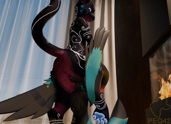 anthro butt detailed_background duo face_in_crotch female intersex intersex/female pawpads paws smug peq42 eili_(k'braid) avali avian bird domestic_cat felid feline felis mammal mayu_(azuki) 3d_(artwork) digital_media_(artwork)