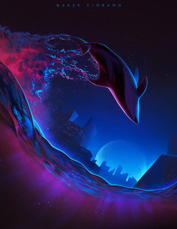 ambiguous_gender black_body city feral full_moon low-angle_view moon sky solo star starry_sky synthwave water ciorano aquatic cetacean mammal 2020 hi_res