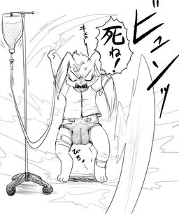 angry anthro bodily_fluids clothed clothing cross-popping_vein diaper genital_fluids male solo text unclean_diaper urine used_diaper wearing_diaper wet_diaper wetness_indicator unknown_artist lagomorph leporid mammal rabbit 5:6 hi_res japanese_text monochrome translation_check translation_request