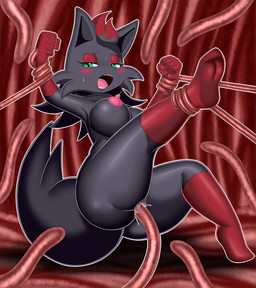 anthro arms_tied big_butt black_body black_fur blush bodily_fluids bound breasts butt clothing eyeshadow female footwear footwear_only forced fur genital_fluids genitals gloves green_eyes grimace handwear huge_butt lactating lipstick makeup milk mostly_nude narrowed_eyes nipples one_leg_up open_mouth penetration pokemorph raised_leg rape red_eyelids red_eyeshadow red_lipstick sex socks socks_only solo suspension tentacle_in_vagina tentacle_penetration tentacle_rape tentacle_sex tentacle_wall tentacles thick_thighs vaginal vaginal_fluids vaginal_penetration vulva aozora_(tasogare_aozora) nintendo pokemon canid canine generation_5_pokemon mammal pokemon_(species) zorua censored mosaic_censorship